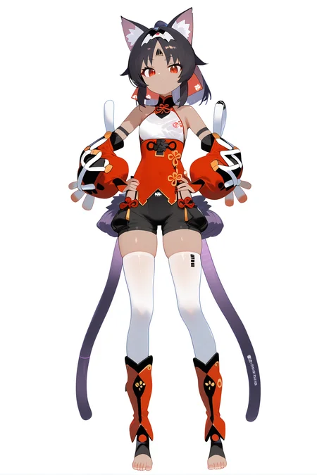 score_9, score_8_up, score_7_up, score_anime, nai3, <lora:YLI 0.1v:0.5>, <lora:style1:0.5>, adult, 
8k, best quality, masterpiece, (ultra-detailed), (white background,simple background), solo, (hands on hip:1.1), (full body:1.1), looking at viewer, 
<lora:maonai-pony-Tanger-000014:0.8>, maonai, nekomata girl, default clothes, thighhighs, shorts, 2 tails, red boots, 1girl, animal ears, red eyes, black hair, dark-skinned female, detached sleeves, 
thighhighs, toeless legwear, white thighhighs, small breasts, feet, chinese clothes, toes, bangs,