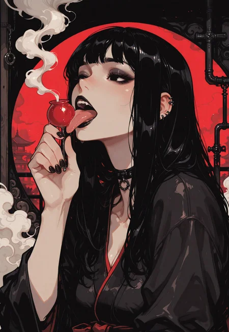 score_9, score_8_up, score_7_up, masterpiece, best quality, very aesthetic, detailed face, (dynamic:1.1), incoth, (incase:0.6), 1girl, black hair, long hair, black eyes, asian, goth, lolipop, licking, light, smoke, curvy, upper body, (illustrative background, art illustration:1.1), keycolor, vibrant,