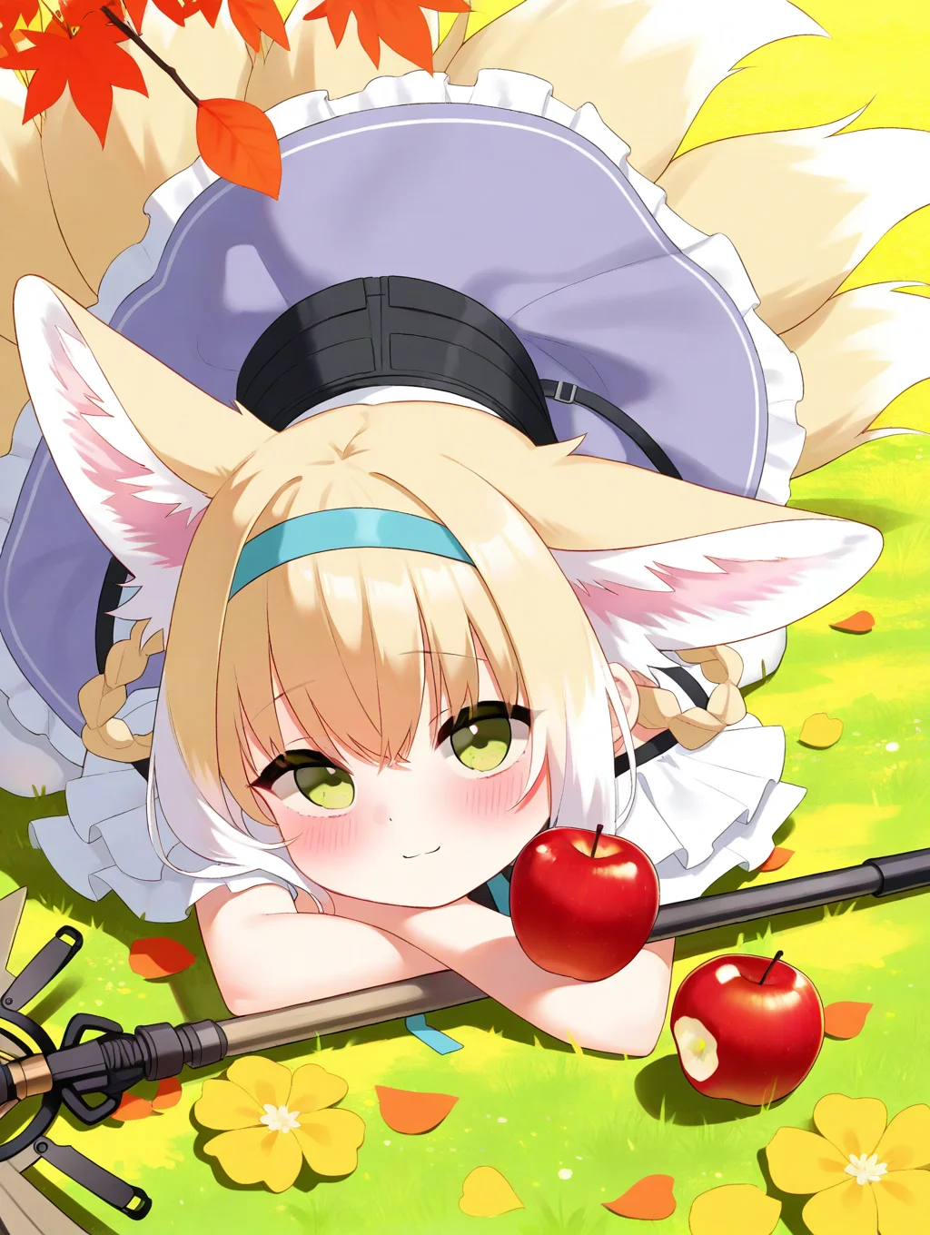 (masterpiece,best quality,ultra_detailed,highres,absurdres:1.2,amazing quality,very aesthetic),<lora:pedocchi style wai_ilxl_v1-000012:0.8>,1girl,solo,suzuran \(arknights\),on grass,flower,petals,smile,dress,white pantyhose,skirt,staff,apple,autumn,looking at viewer,blush,on stomach,arm rest,, (masterpiece,best quality,ultra_detailed,highres,absurdres:1.2,amazing quality,very aesthetic),Smooth Negative,