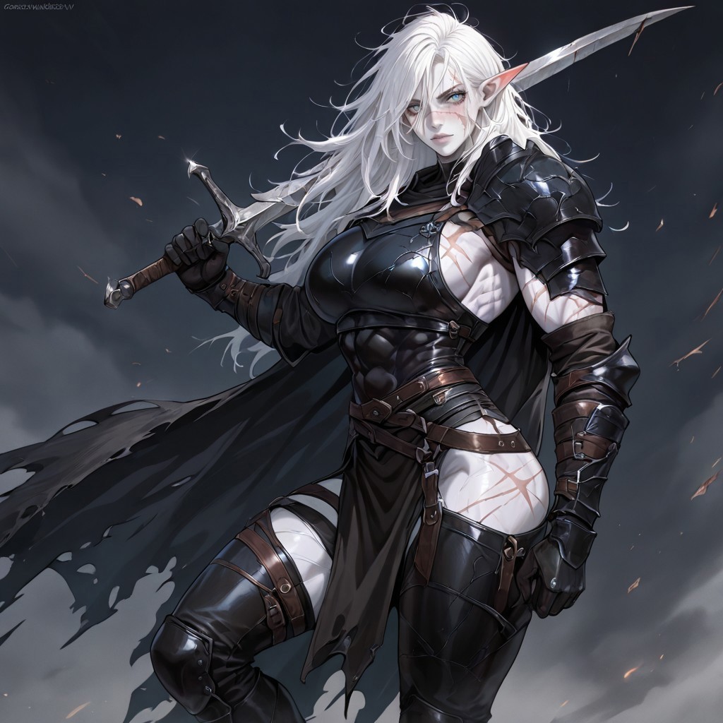 masterpiece, best quality, newest, absurdres, highres, DPWSV1.0, dynamic pose, holding sword, holding, holding weapon, weapon, sword,
1girl, pale, white skin, colored skin, pale skin, elf, pointy ears, muscular woman, armor, cape, leather armor, scar, scars on face, white hair, long hair, messy hair, black armor, black leather,

