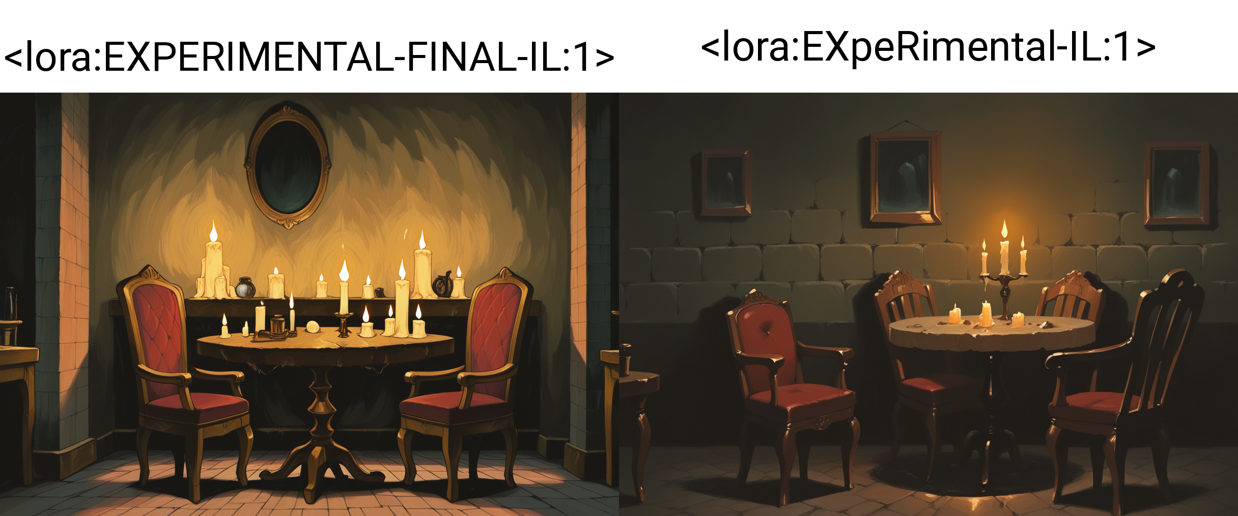 very awa, masterpiece, best quality, highres, absurdres, no humans,  painting, indoors, brick wall, marble \(stone\), brick floor, table, chair, candle, candlelight,  <lora:EXPERIMENTAL-FINAL-IL:1>