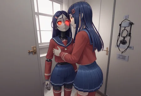 score_9, score_8_up, score_7_up, score_6_up, source_anime,2girls, cowboy shot, looking up, open door, action lines, motion blur, BREAK
1girl, hugging, mita_good, blue eyes, blue hair, long hair, hair ornament, hairclip, school uniform, serafuku, pleated skirt, blue skirt, long sleeves, zettai ryouiki, red thighhighs, BREAK
1girl,mita_mannequin, red eyes, glowing, glowing eyes, cable, joints, robot joints, mask, humanoid robot, android, robot,
