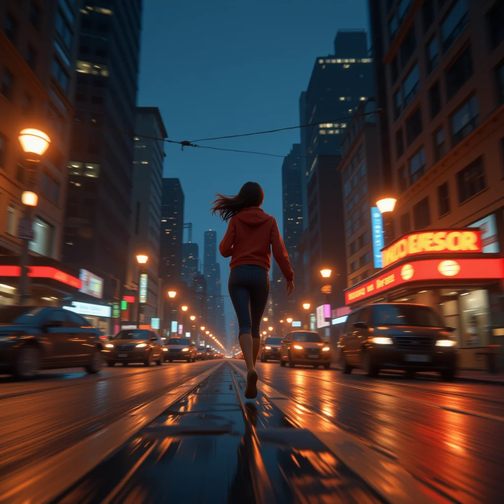 pixar animations style. A woman is running down the street quickly. motion blur. Running towards the viewer. night time.