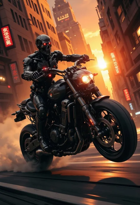 nistyle, a_skynet_cyberdyne_craft, the image is featuring a terminator endoskeleton riding a Cyberdyne superbike with a skull mounted on the handlebars, adorned with intricate, metallic details, including bolts, wires, and mechanical components, giving it a highly advanced, industrial military look, red lights and diodes. He is riding at extreme speed down a narrow cyberpunk alleyway, extreme motion blur on the background and wheels emphasising the extreme speed, sunset, chiascuro