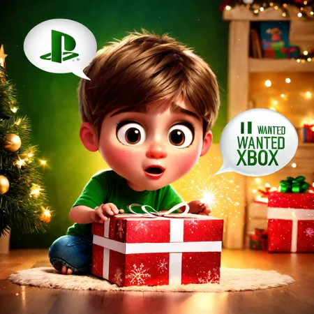 a little cute screaming child receiving an (open present box says "Playstation":1.5) with (playstation inside:1.5),(speech bubble says "I wanted an Xbox":1.8),crying,very (angry),particle effects,christmas backround,christmas tree,fairy lights,(ripped gift paper:1),gifts,hyperdetailed photography,warm light,perfect lighting,<lora:add-detail-xl:0.8>,<lora:3d_render_style_xl:1>,