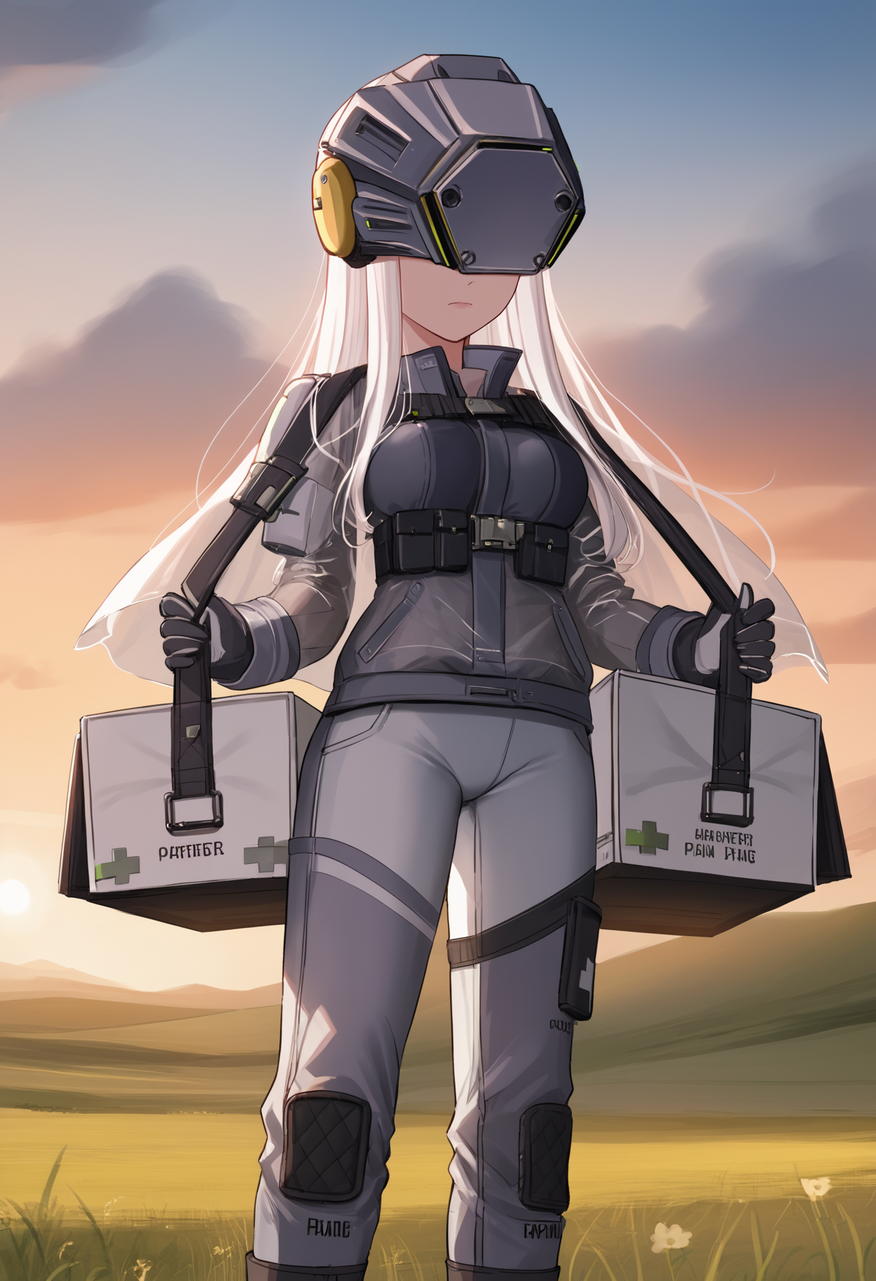 score_9, score_8_up, score_7_up, source_anime BREAK 1girl, solo, <lora:idollocean-nikke-richy-v1_pdxl:1> idllcn, covered eyes, white hair, long hair, helmet, grey jacket, gloves, grey pants, standing, closed mouth, outdoors, field, sunrise, breasts, see-through cape, bag, combat boots, military