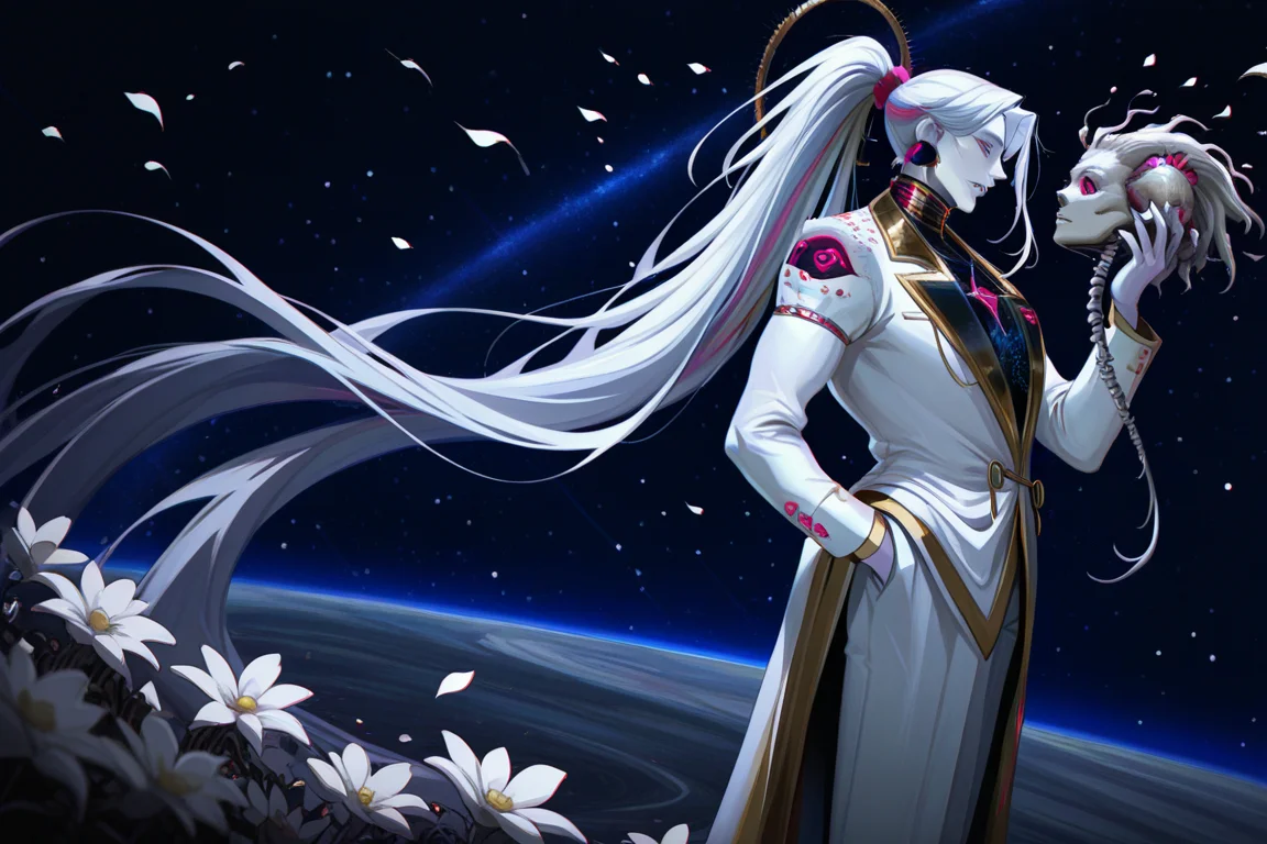 had3s_cha0s, 1girl, pale skin, hand holding skull, scattering petals, space background, side view, hands in pocket, very long hair, scattering petals