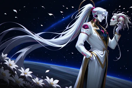 had3s_cha0s, 1girl, pale skin, hand holding skull, scattering petals, space background, side view, hands in pocket, very long hair, scattering petals