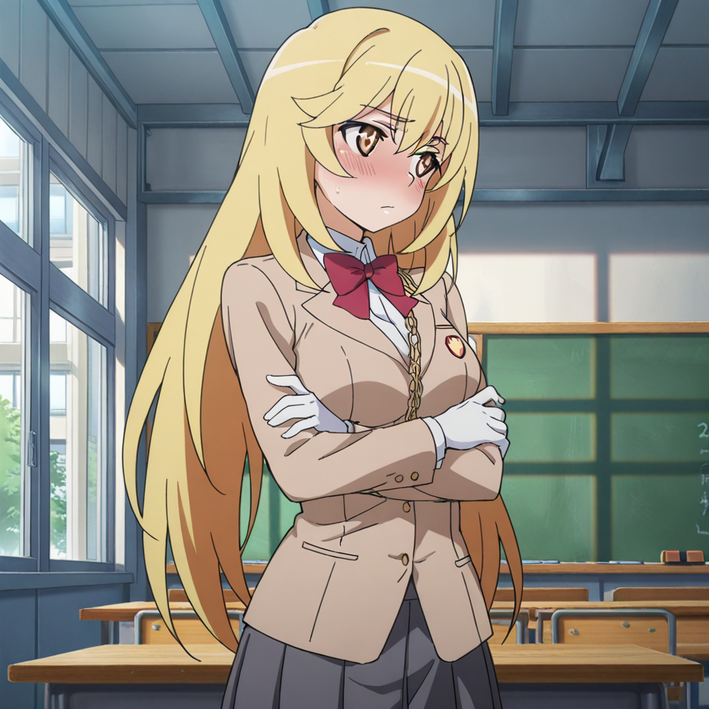 nsfw, masterpiece, best quality, amazing quality,1girl, solo, index_railgun_shokuhou_misaki, standing, blonde hair, long hair, tokiwadai school uniform, blush, white gloves, crossed arms, chain, breasts, jacket, blazer, red bow, indoors, classroom, <lora:Shokuhou_Misaki_-_Index_Railgun:0.7>