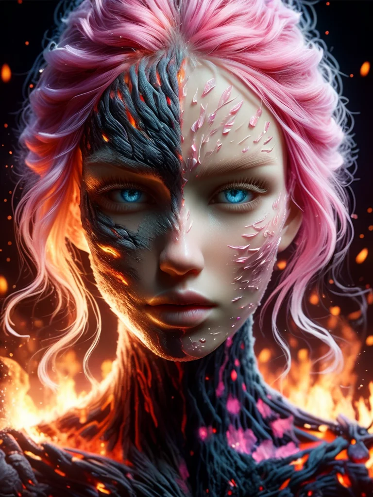 A hauntingly beautiful portrait of a young girl with a large wound her on cheek with stitches, 22 years old, her delicate features are framed by a tangle of intricately braided pink hair, drawing the viewer into her captivating gaze, wearing black, she seems to melt into the shadows that surround her, there's a certain luminosity about her - almost as if she were lit from within, subtle yet vibrant colors creates an ethereal atmosphere that's both mesmerizing and unsettling, Every aspect of this portrait - from the meticulous attention to detail on her clothing and accessories to the dramatic lighting effects - speaks volumes about her unique personality and style preferences, portrait perfectly captures the essence of modern goth culture, showcasing its blend of elegance, mystery, and macabre sensibilities, style of Anato Finnstark, <lora:faize-sdxl:1> faize
