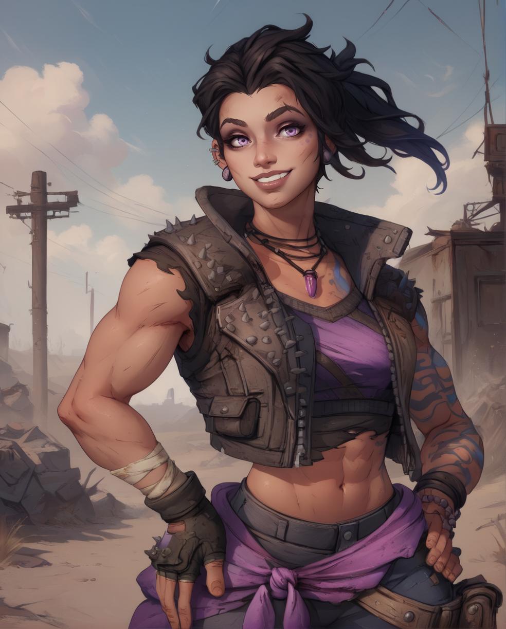 score_9,score_8_up,score_7_up,
Amara,black hair,ponytail,toned,blue left arm tattoo,smiling,purple eyes,
right fingerless glove,ear piercing,midriff,crop top,torn clothes,vest,bracelet,pants,necklace,belt,
standing,upper body,  hands on hips, 
wasteland,
wasteland,<lora:Amara:1>,