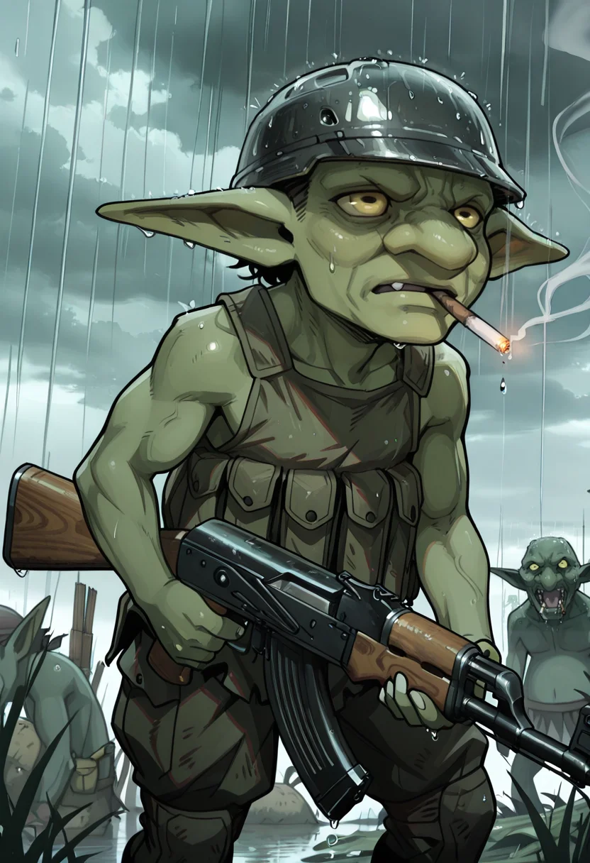 masterpiece,best quality,amazing quality,very aesthetic,absurdres,newest, highres,very awa, <lora:gob_ilxl_v1:1>, 1other, gob, monster, yellow eyes, pointy ears, large ears, shortstack, green skin, <lora:ak-47:1>, ak-47, assault rifle, holding, rain, cloudy sky, trench, sandbag, war, wet, dirty, outdoors, helmet, military uniform,smoking, cigarette, tired, sad,