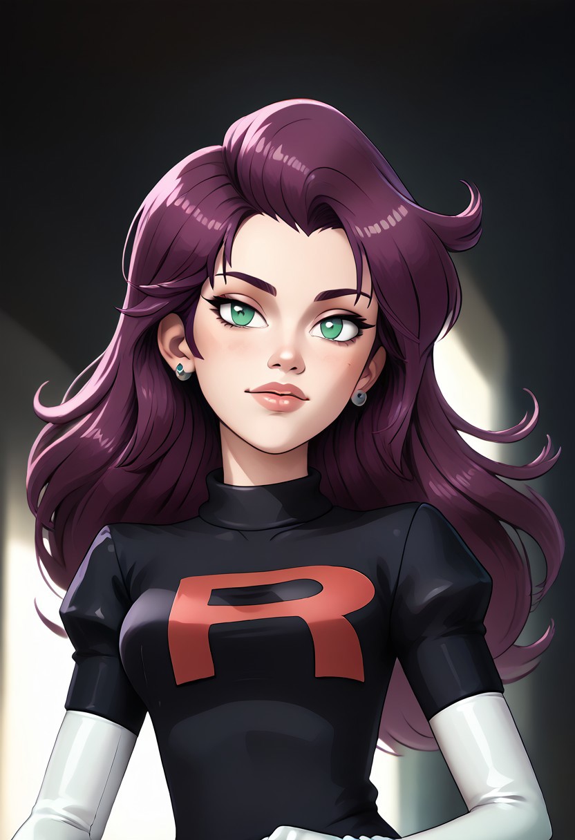 score_9, score_8_up, score_7_up, score_6_up, PRSNL_3_1, uncensored, pupils black dots, lips,
upper body, best quality, masterpiece, 4k, realistic, warm light,
PMMiyamoto, team rocket, floating hair, purple hair, bangs, green eyes, orange earrings, aged up,
black dress, puffy sleeves, elbow gloves, white gloves, white thighhighs, thigh boots,