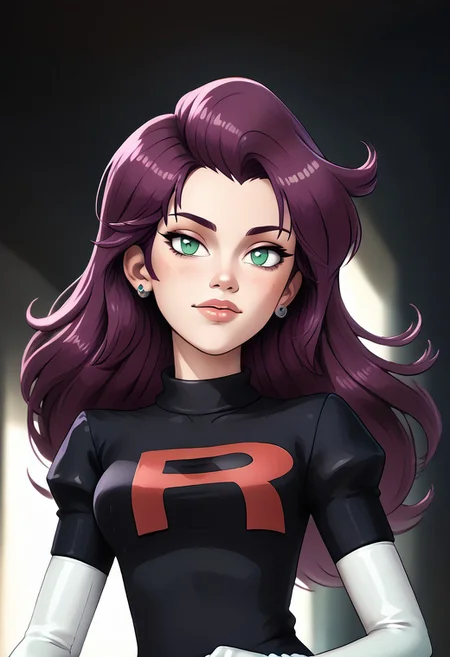 score_9, score_8_up, score_7_up, score_6_up, PRSNL_3_1, uncensored, pupils black dots, lips,
upper body, best quality, masterpiece, 4k, realistic, warm light,
PMMiyamoto, team rocket, floating hair, purple hair, bangs, green eyes, orange earrings, aged up,
black dress, puffy sleeves, elbow gloves, white gloves, white thighhighs, thigh boots,