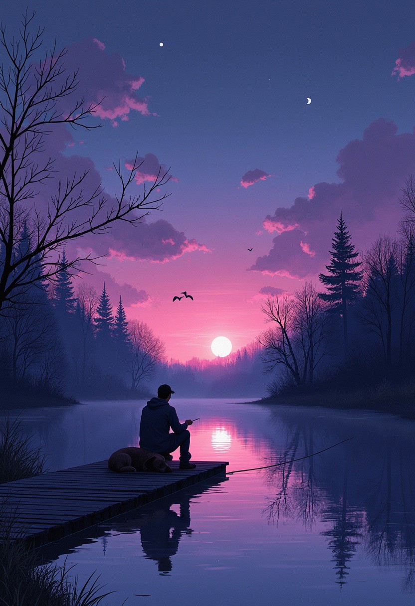 Ink illustration, (anime:0.5), purple and violet tones, sunset colors, inkpunk, shadows like webs covering a person fishing  sitting at the end of a pier on a pond, dog asleep next to them, art style, reflections, shadows, moonlight, landscape, surreal, ((at a distance)), Will-o'-the-wisp, moonlit, lonely, solitude, extremely detailed, UHD, Award Winning, masterpiece,