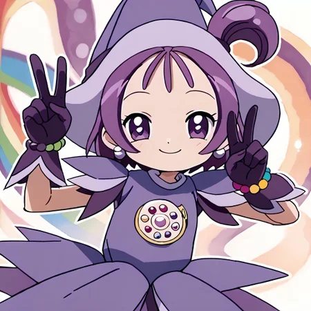 score_9, score_8_up, score_7_up BREAK Onpu2, 1girl, purple hair, bob cut, ponytail, purple eyes, purple pearl earrings, purple witch hat, dark purple hat band, layered short-sleeve purple dress, rainbow pearl circle chest badge, purple white gloves, purple white boots, rainbow pearl bracelet, smiling, cowboy shot, hands peace sign,