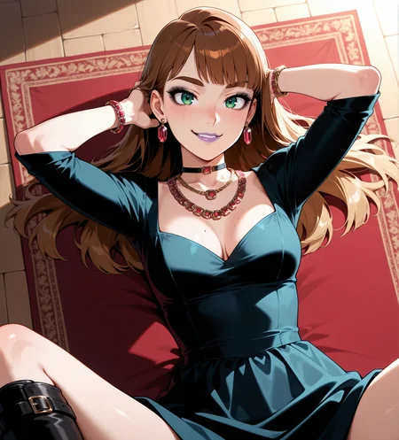 1boy, Rapunzel\(Movie\) style, (Pixar\(movies\):1.1), masterpiece,best quality,amazing quality, volumetric light, newest, Perfect detailed face, solo,
an illustration of a boy, green eyes, brown hair, straight hair, perfectly straight bangs, long hair, thick eyebrows, medium breasts, transgender, Purple lipstick, mat lipstick, bobcut bangs, plain bangs, hair past ears, fit boy, heavy black eyeliner, excessive mascara, Wide checks, round nose, freckles, pumped lips, black eyeshadow, smirk, mature, 40 years old,
<lora:Swarovski_mathemagical_Purple:0.8>( Red jewelry, ruby jewelry, necklace, multiple necklaces, earrings, bracelets, choker,:1.2) lie down on carpet, (circle hair spreading on floor:1.2) from above, hands in hair, (lie on back:1.2), gothic black dress, veil, embroidery, knee boots,
BREAK Masterpiece, best quality, amazing quality, HDR, 4K, volumetric light, newest, Perfect detailed face, Pixar\(movies\), Disney Princess,