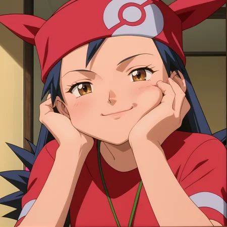 score_9, score_8_up, score_7_up, 1girl, solo, source_anime, anime_screencap, pkmLisa, red bandana, brown eyes, red shirt,  face focus, close up, holding her face in her hand, leaning cheek against palm, looking at viewer, smiling, warm smile,  half closed eyes, <lora:pkmLisa:1> leaning forward,
