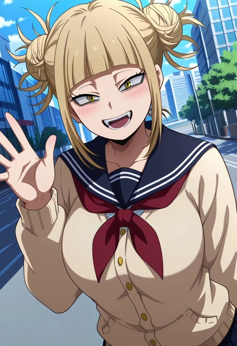 general,highres, ultra-detailed,very aesthetic,best quality ,best hands,best eyes,easynegative,
dynamic anglre, dutch angle, anime cloring,anime screencap,
1girl solo,looking at viewer,city,outdoors, smile, open mouth, waving hand,
Himiko Toga,blonde_hair, hair buns, messy hair, short_hair, yellow eyes, huge_breasts,school uniform,