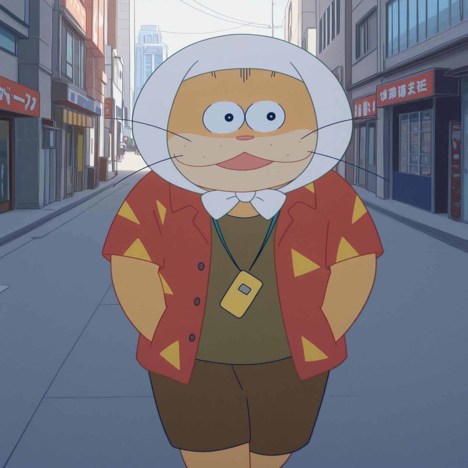 2d, 1boy, solo, Ghostanzu, male, Feline, furry, furry male, cat, orange fur, black eyes, whiskers, freckles, beige muzzle, pink nose, Id card, short sleeves, white hood, red and yellow shirt, open shirt, brown shorts, brownish green inner-shirt

BREAK open mouth smile, looking around, hands in pockets, walking, city, 

BREAK best quality, amazing quality, very aesthetic, absurdres, newest, masterpiece, high quality
