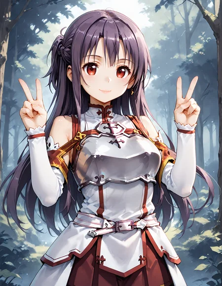 score_9, score_8_up, score_7_up, source_anime, <lora:add-detail-xl:1>, good anatomy, masterpiece, amazing quality, ultra detailed, good hand
BREAK <lora:Knights-of-the-Blood-Oath-uniform:1> Knights-of-the-Blood-Oath-uniform
BREAK <lora:takasu-miyabi_Prima_Stella_Atelier_Kaguya:0.7> miyabi, purple hair, half updo, red eyes, large breasts,
BREAK 1girl, standing, hands up, double v, smile, in forest,