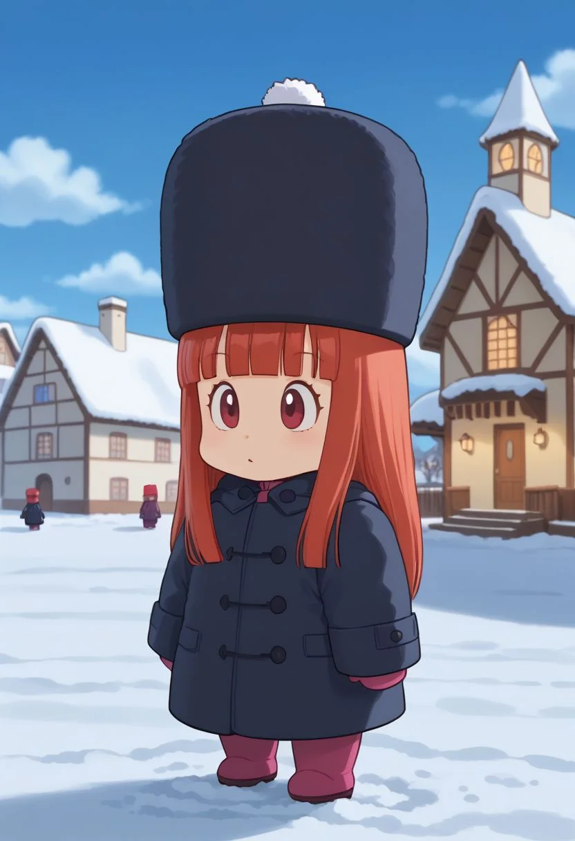 1girl, long hair, red hair, blunt bangs, coat, hat, chibi, solo. small body, outdoors, snow,