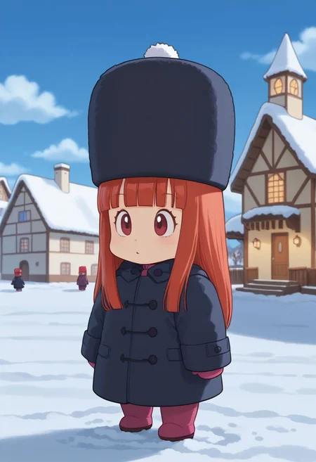 1girl, long hair, red hair, blunt bangs, coat, hat, chibi, solo. small body, outdoors, snow,