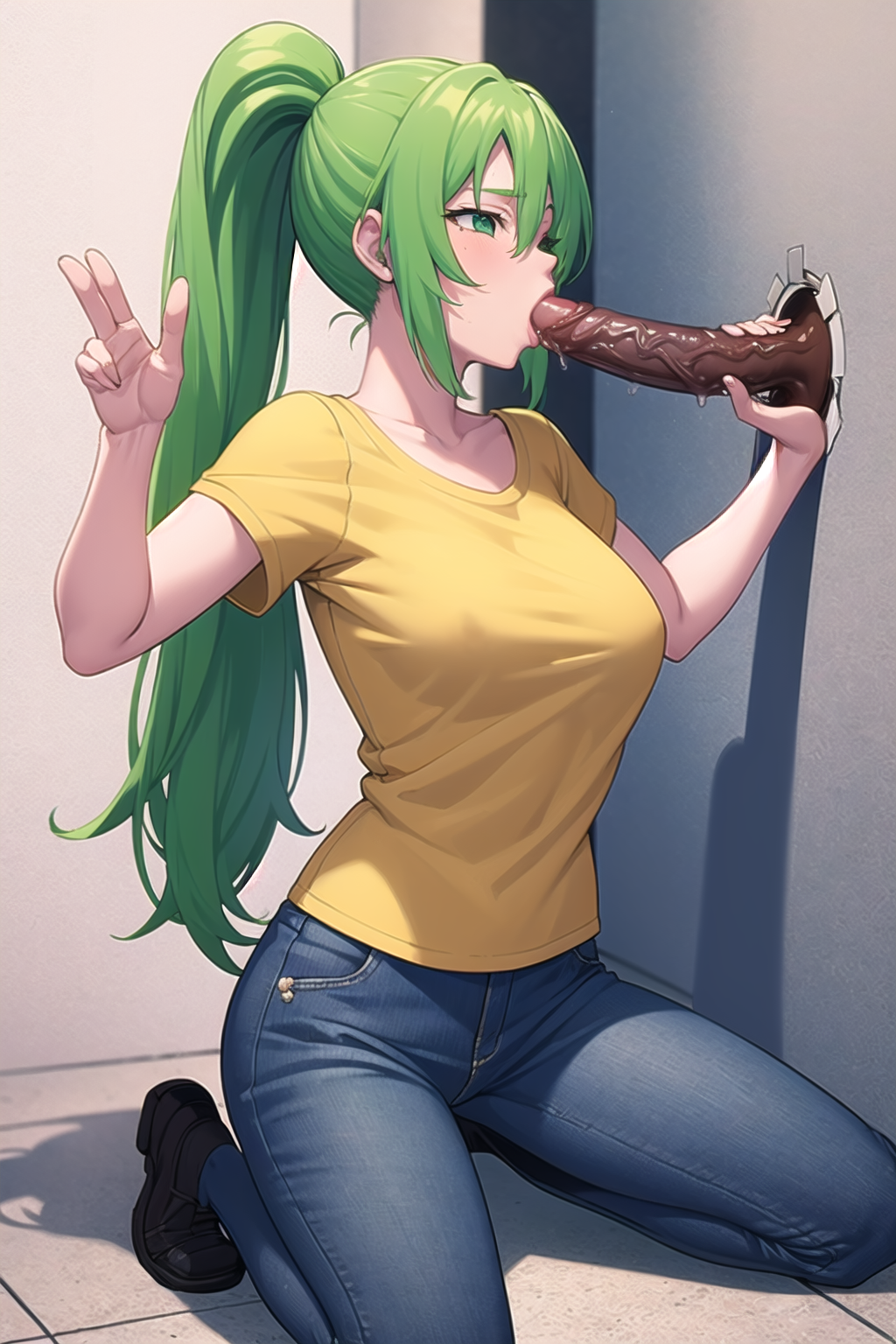 best quality, masterpiece, 1girl, glory hole, fellatio, penis,1boy,  Mion Sonozaki, green hair, green eyes, ponytail, yellow tee, jeans