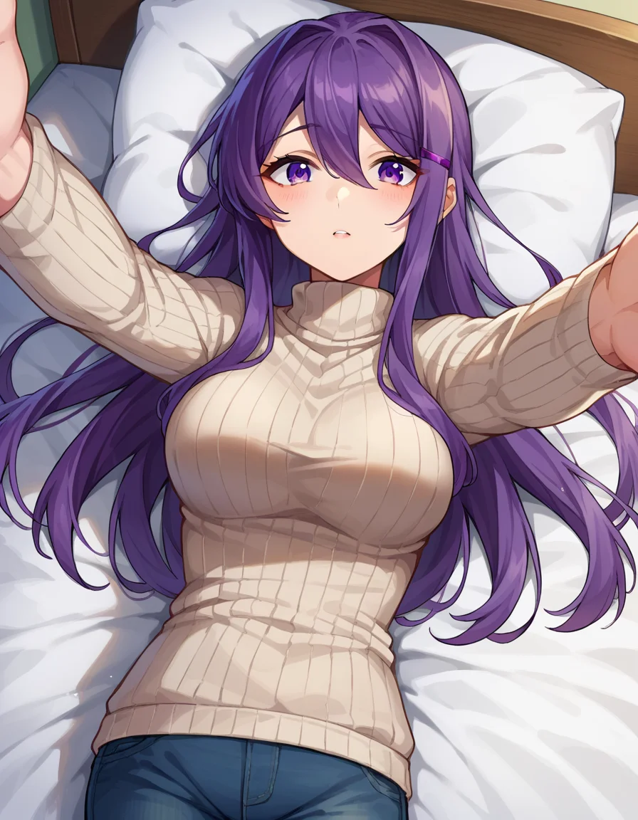 score_9, score_8_up, score_7_up, source_anime,
ddlcyuri, <lora:ddlc-yuri-ponyxl-lora-nochekaiser:1>
ddlcyuri, hair ornament, hairclip, long hair, purple eyes, purple hair,
casual clothes, grey sweater, miniskirt, pants, ribbed sweater, skirt, sweater, turtleneck, turtleneck sweater,
indoors, bed, bed room, on back, arm support, arms up, incoming hug, pov, reaching, reaching towards viewer,
looking at viewer, dutch angle, cowboy shot,