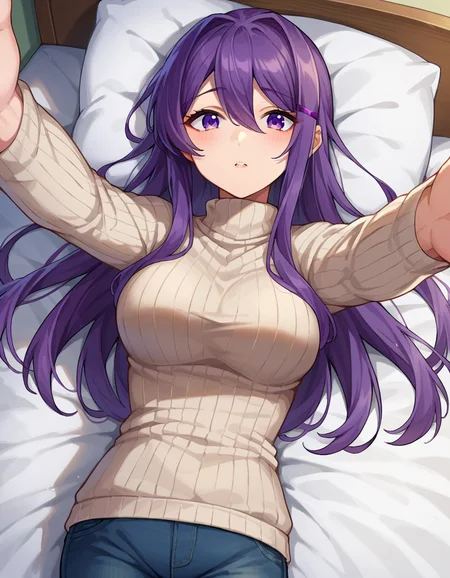 score_9, score_8_up, score_7_up, source_anime,
ddlcyuri, <lora:ddlc-yuri-ponyxl-lora-nochekaiser:1>
ddlcyuri, hair ornament, hairclip, long hair, purple eyes, purple hair,
casual clothes, grey sweater, miniskirt, pants, ribbed sweater, skirt, sweater, turtleneck, turtleneck sweater,
indoors, bed, bed room, on back, arm support, arms up, incoming hug, pov, reaching, reaching towards viewer,
looking at viewer, dutch angle, cowboy shot,