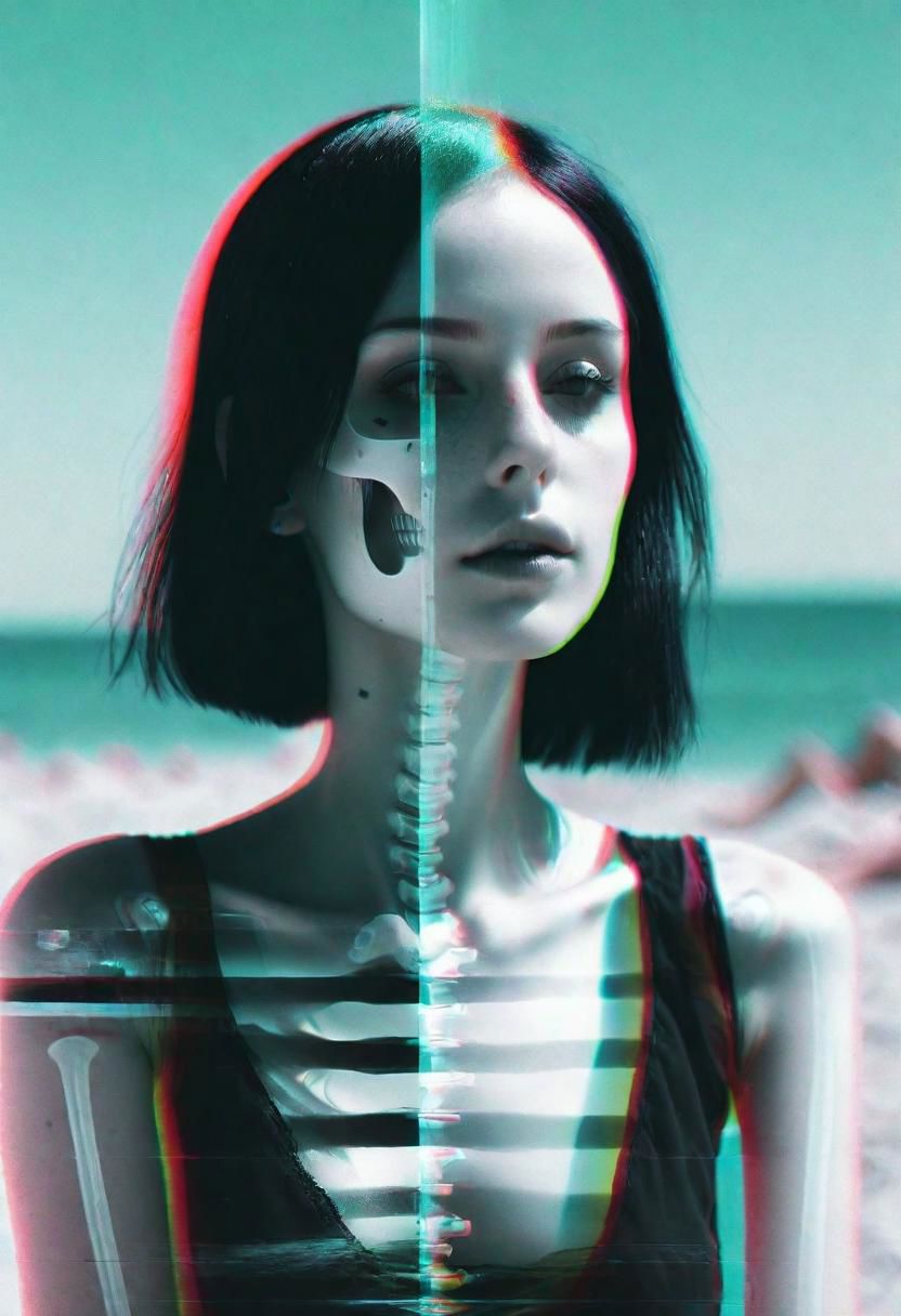 hyper realism, IR photo, light leaks, (split screen overlay , x-ray view:1.3), double exposure, (glitched image:1.2), a glitched out beautiful goth model relaxing on a sunny beach, pixelation, sinusoidal distortions, screen tear, post modern deconstruction, molecular view, vibrational spiral signals, (overlay, split screen image:1.1), abstractions, experimental, professional, highly detailed, thought-provoking masterpiece
