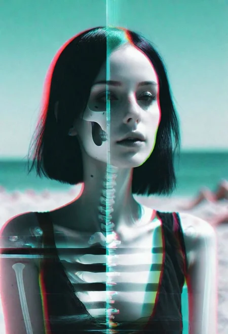 hyper realism, IR photo, light leaks, (split screen overlay , x-ray view:1.3), double exposure, (glitched image:1.2), a glitched out beautiful goth model relaxing on a sunny beach, pixelation, sinusoidal distortions, screen tear, post modern deconstruction, molecular view, vibrational spiral signals, (overlay, split screen image:1.1), abstractions, experimental, professional, highly detailed, thought-provoking masterpiece