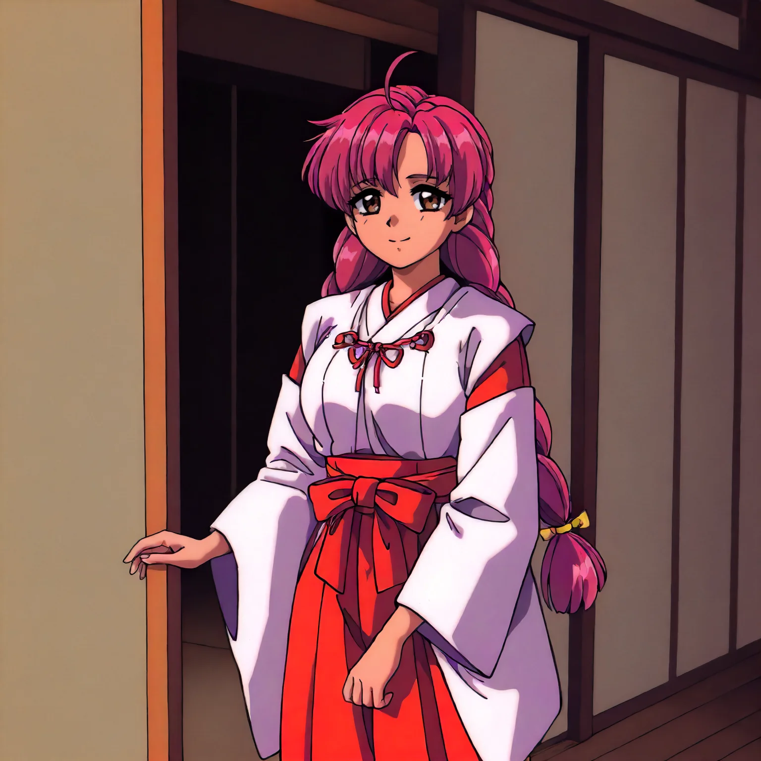 <lora:NBnH_RieMakinoXLIllustrious003>,
masterpiece,best quality,good quality,newest,
detailed background,indoors,
smile,
looking at viewer,
solo,
RieMakino,1girl,pink hair,ahoge,twin braids,long hair,brown eyes,
standing,
miko,