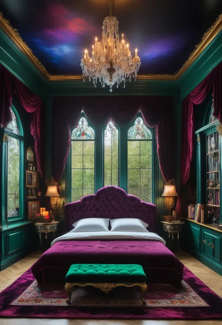 Light mood masterpiece photography, realistic, realistic photograph, inside bedroom, gaudy, fancy headboard, dark purple wooden bedframe, maximalism, dark purple, burgundy, maroon, royal blue, emerald green, in bedroom, soft rug, neon rug, bedroom like bedroom from Howl's Moving Castle, vanity, beanbags, framed pictures of castles on wall, magic potions, large windows, chandelier, crystal chandelier, bookshelf