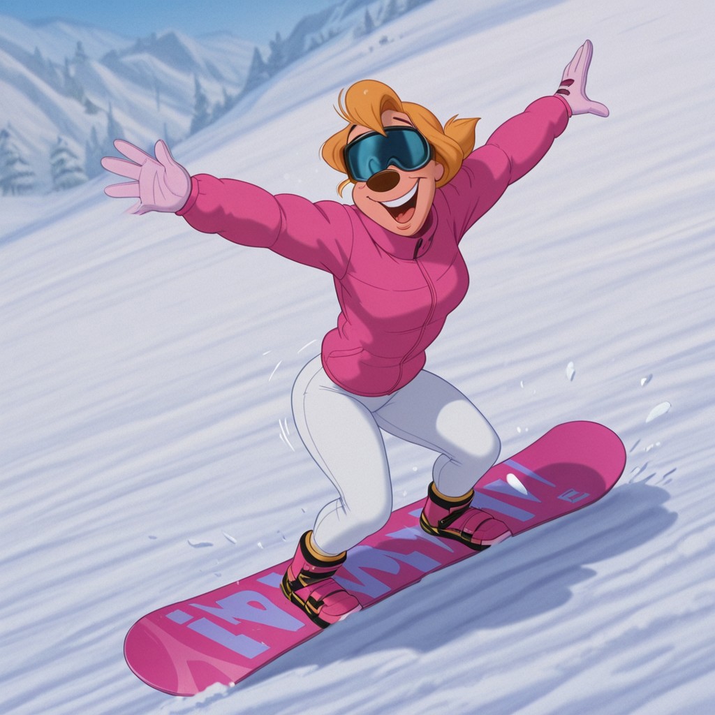 DisneyRenstyle, DISNEY_ANIMATION,
masterpiece, best quality hyper-realistic, ultra-HD, cinematic ambiance, soft light, BREAK, 1girl, A Goofy Movie style, Goof Troop, toony, outdoors, winter, snow, sunny, anthro, furry female, blonde hair, short ponytail, bangs, low ponytail, small circle nose, slender waist, wide hips, short torso, medium breasts, short legs, curvy legs, thick calves, petite butt, hourglass figure, ((pink winter coat, snowboard boots, white snow pants, athletic butt, ski helmet, ski goggles over eyes, ski gloves)), BREAK, snowboarding, feet strapped to snowboard, jumping, flying snow, steep ski slope, laughing, speed lines, motion lines moving fast, butt towards viewer