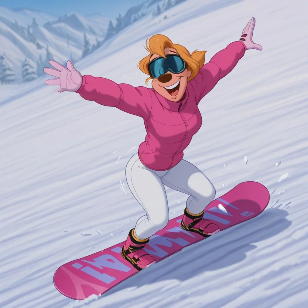 DisneyRenstyle, DISNEY_ANIMATION,
masterpiece, best quality hyper-realistic, ultra-HD, cinematic ambiance, soft light, BREAK, 1girl, A Goofy Movie style, Goof Troop, toony, outdoors, winter, snow, sunny, anthro, furry female, blonde hair, short ponytail, bangs, low ponytail, small circle nose, slender waist, wide hips, short torso, medium breasts, short legs, curvy legs, thick calves, petite butt, hourglass figure, ((pink winter coat, snowboard boots, white snow pants, athletic butt, ski helmet, ski goggles over eyes, ski gloves)), BREAK, snowboarding, feet strapped to snowboard, jumping, flying snow, steep ski slope, laughing, speed lines, motion lines moving fast, butt towards viewer