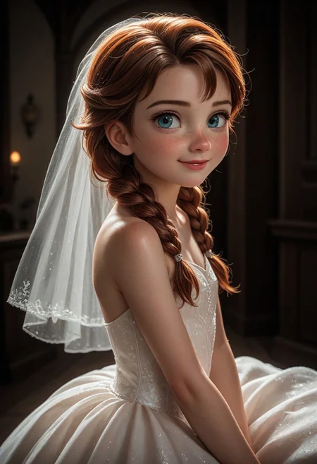 score_9, score_8_up, score_8, side view, anna /frozen/, (young:2.5), 1girl, solo, brown hair, braids, body freckles, blushing, red cheeks, smiling, medieval princess bedroom background, revealing wedding dress, wedding sparkling,
Expressiveh