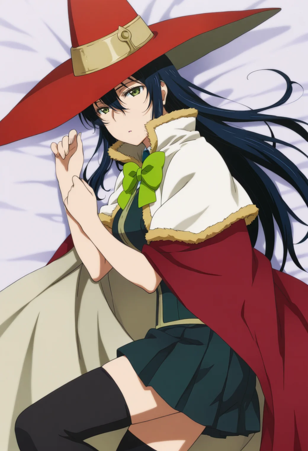 anime screencap, anime coloring, 1girl, solo, <lora:DX888Ayaka:1> kagari ayaka, green eyes, black hair, long hair, school uniform, necktie, skirt, pantyhose, zettai ryouiki, witch hat, cape, green bow BREAK grey background, triangle background, BREAK dutch angle, from above, from side, lying, on side,