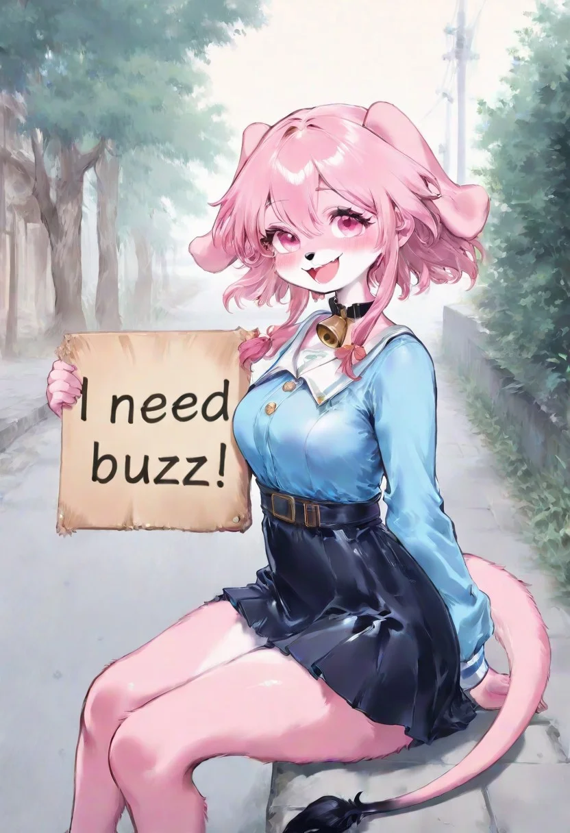 (coinp:1.4),color ink painting,masterpiece,best quality,march 7th,amazing quality,very aesthetic,high resolution,ultra-detailed,detailed background,absurdres,newest, high quality,
homeless sitting on sidewalk sad,
pink-White Fur,pink Floppy Ears,hair is tied up with a ribbon that has a bell on top, Tipped Tail
need_buzz, holding sign saying "I need buzz",beauty dog,furry,blue blouse,dark blue miniskirt,sfw