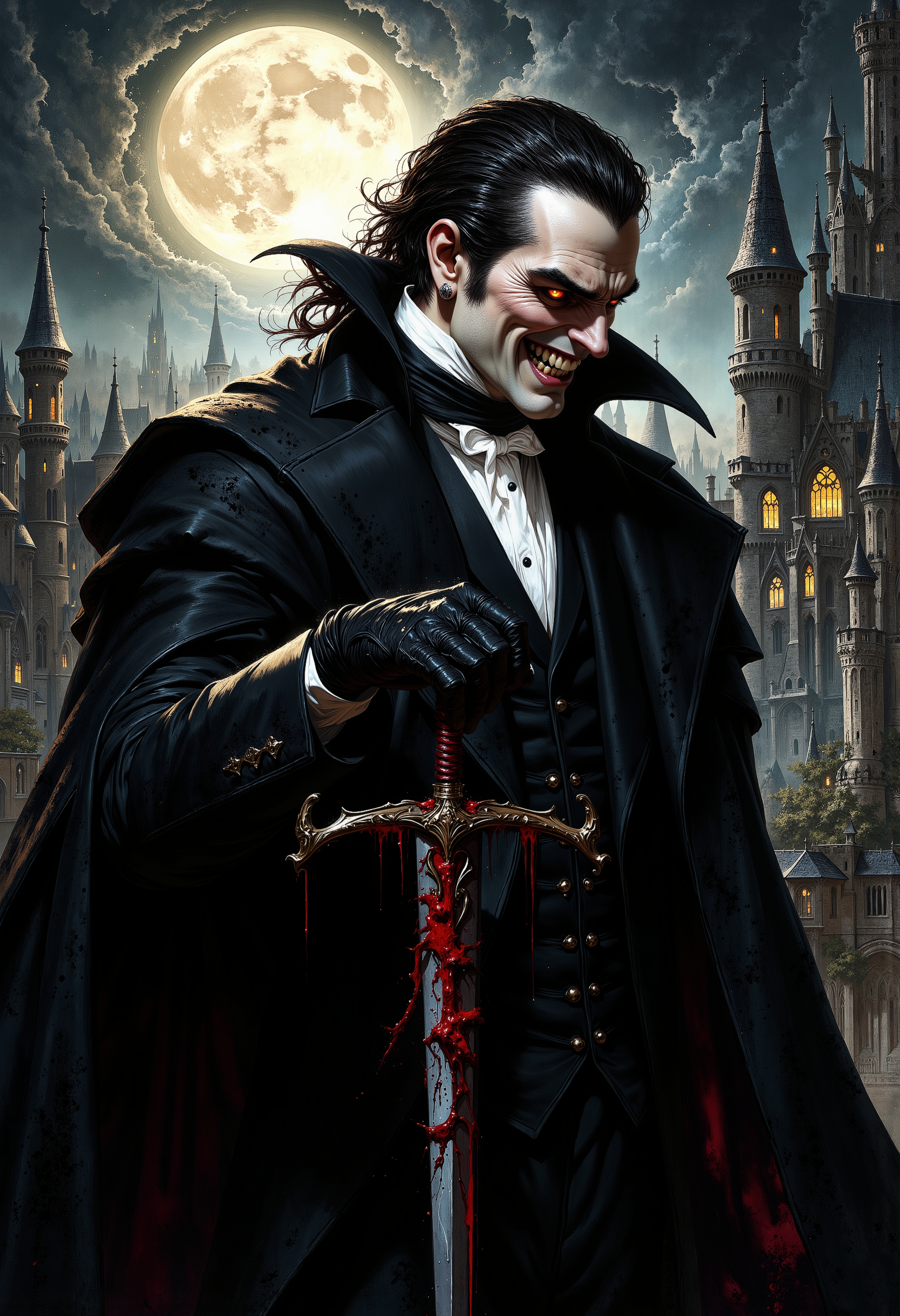 Dracula. A vampire lord, draped in a long, flowing black coat, his alabaster skin nearly glowing in the dim light of a full moon, bares his razor-sharp fangs in a wicked grin. Pointy vampire teeth.detailed face, texture, grin smile, Dracula. A vampire lord, wicked grin. Pointy vampire teeth. Dark orange iris. Black Beard. His crimson eyes gleam with hunger, fixated on an unseen prey just beyond the frame. His raven-black hair, slicked back, shimmers with an unnatural shine, while his elegantly gloved hands grip the hilt of a ceremonial dagger, dripping with fresh blood. His aristocratic features are flawless and cold, with a regal sneer playing at his lips as he relishes in the chaos unfolding around him. The air around him seems to vibrate with dark magic, swirling in subtle shadows that cling to his tall, lean form. Behind him, the Gothic architecture of a distant castle looms under the silver moonlight, its spires twisted and foreboding. A faint mist curls around his feet, and the scent of roses and blood lingers in the air. His posture is poised, calm, but his eyes betray the feral intensity of the predator beneath the refined veneer.