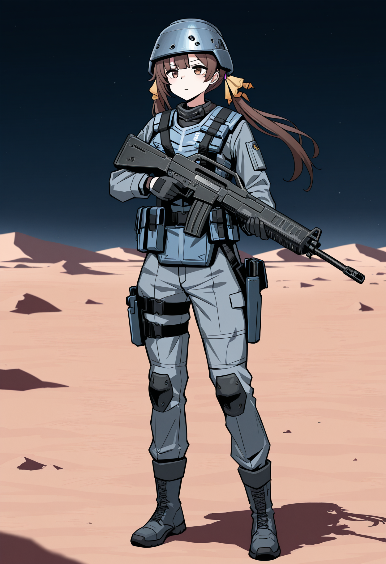 <lora:SushangHonkaiStarRailIL:1>, 1girl, shushanghsr1, brown eyes, brown hair, twin tails, bangs, 
<lora:STMobileInfantryIL:1>, mobileinfantry, boots, gloves, armor, gray uniform, military uniform, helmet, assault rifle, morita_rifle, 
standing, desert, night,
masterpiece,best quality,amazing quality,