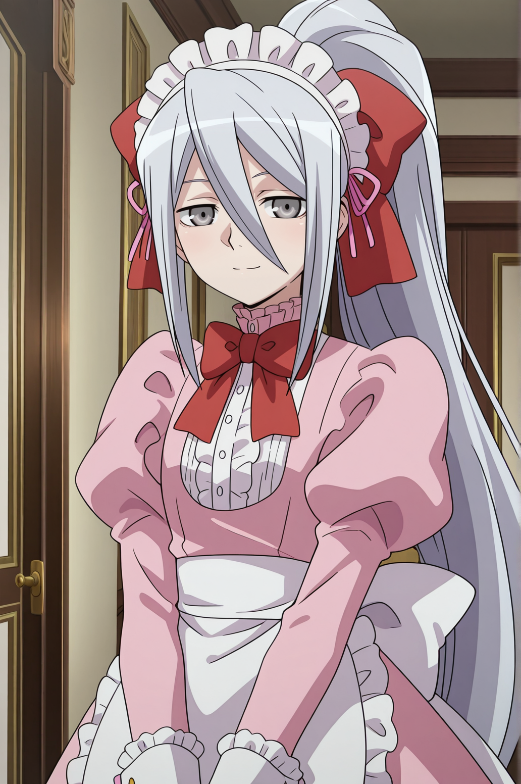 masterpiece, best quality, absurdres, highres, source anime, very aesthetic, very awa, BREAK, anime coloring, anime screencap,
<lora:felli_loss_v2-illustrious:1>,1girl, felli loss, koukaku no regios, grey eyes, grey hair, 
pink maid, ponytail, maid headdress, hair bow, pink dress, apron, bow, frills, puffy sleeves, long sleeves,
BREAK, looking at viewer, light smile, 
BREAK,