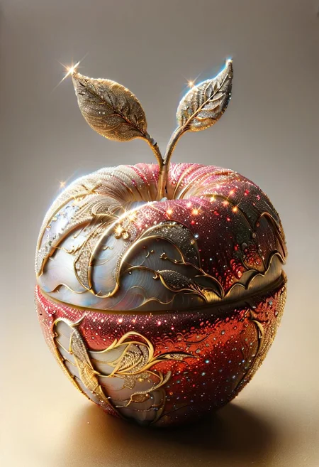 Crystal mother of pearl are spliced   into an apple with a smooth and translucent surface using Kintsugi techniques, close-up, Kintsugi art, real photos, high details, high quality, detailed focus, deep bokeh, star, wave apple, beautiful,Visually delightful, 3D,more detail XL,glitter,ral-glitter,red,brown and gold prevailing colors
