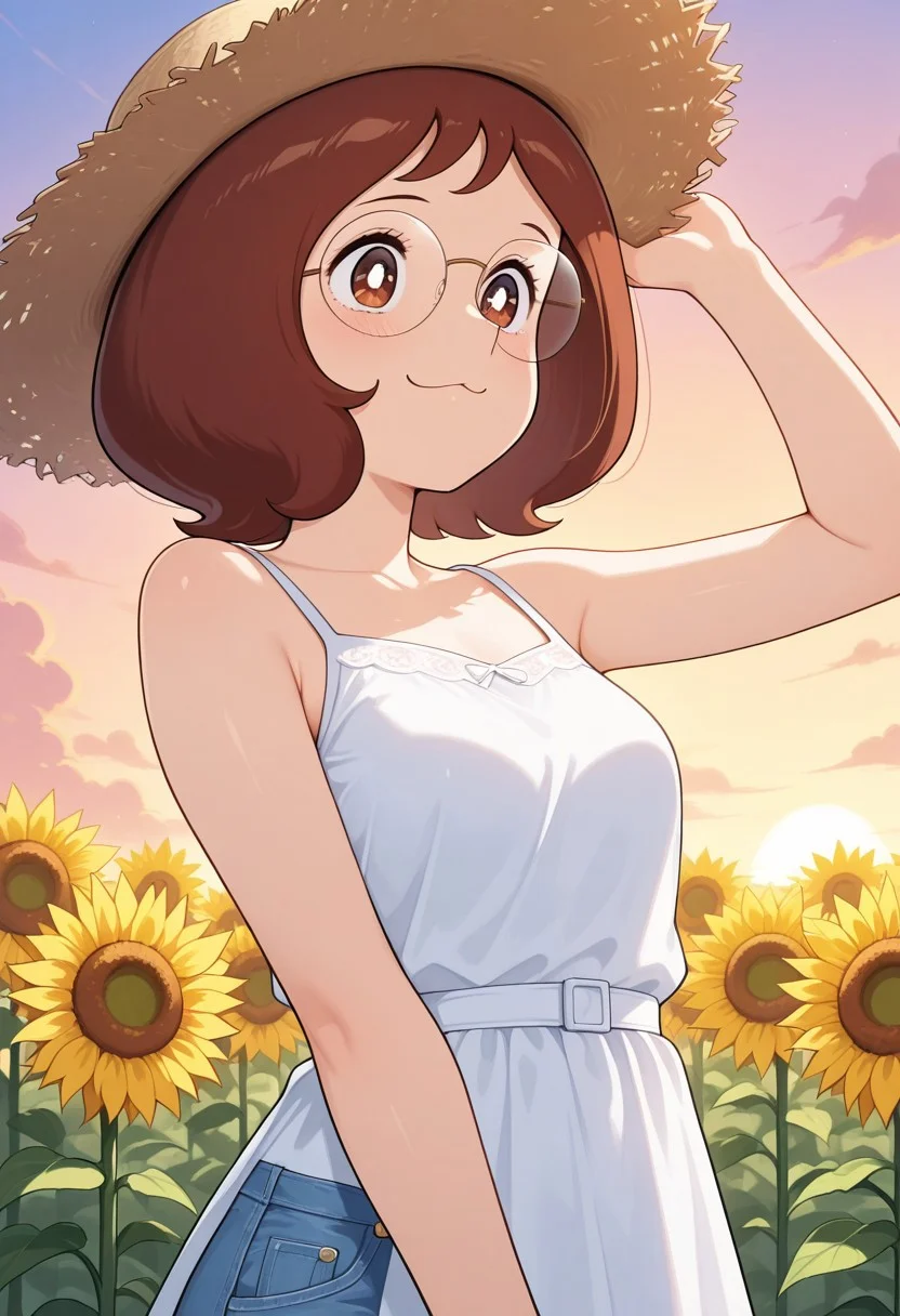 masterpiece, cute, lovely, (best quality:1.3), (amazing quality:1.3), high gradient eyes, very aesthetic, 1girl, solo, :3, sunflower field. sunflower plantation, BREAK, upper body, summer dress, summer hat, white dress, straw hat, sunset, Patricia_OBrian, bob-cut, brown hair, short hair, brown eyes, round eyewear, wearing glasses, denim pants,