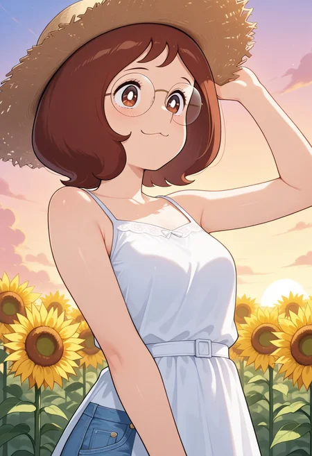 masterpiece, cute, lovely, (best quality:1.3), (amazing quality:1.3), high gradient eyes, very aesthetic, 1girl, solo, :3, sunflower field. sunflower plantation, BREAK, upper body, summer dress, summer hat, white dress, straw hat, sunset, Patricia_OBrian, bob-cut, brown hair, short hair, brown eyes, round eyewear, wearing glasses, denim pants,