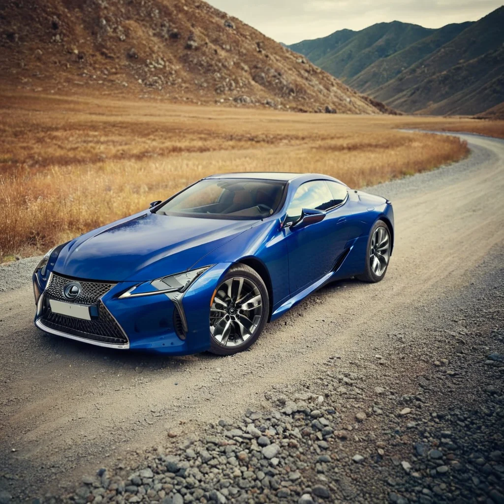 realistic photo of a blue lexuslc car on gravel road, outside, cinematic, <lora:LexusLC_SDXL_v1:1>