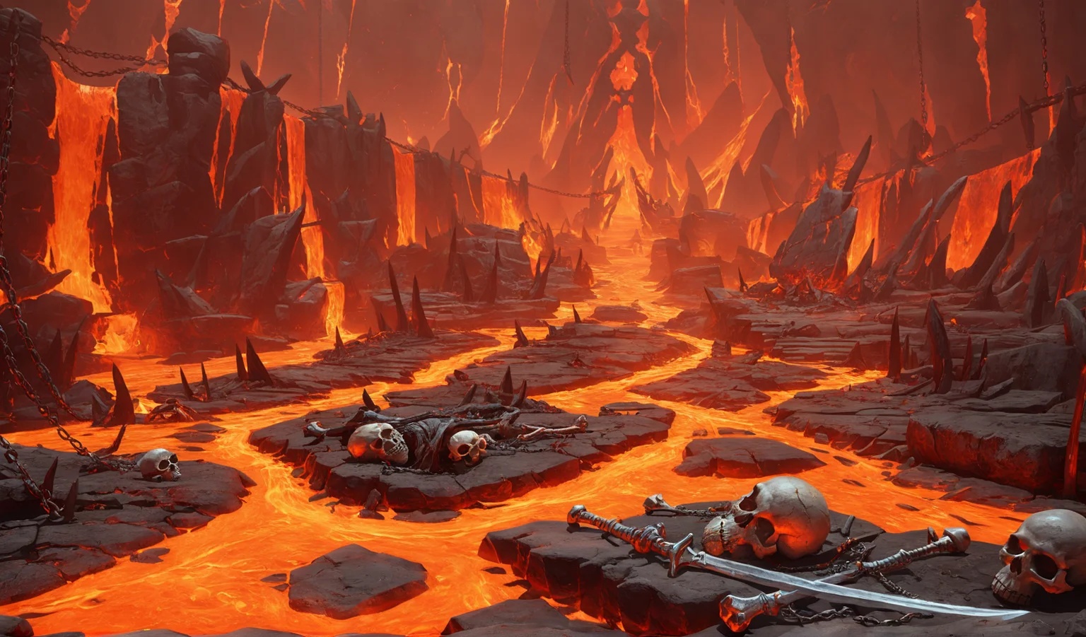 Scene concept, lava field, 3D rendering, ultra-clear details, masterpiece, high quality, molten rock, skull, scenery, chain, weapon, red theme, orange theme, no humans, sword, outdoors, rock, corpse, fire, skeleton, lying<lora:ç岩ä¹å°:0.8>