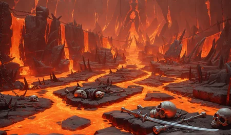 Scene concept, lava field, 3D rendering, ultra-clear details, masterpiece, high quality, molten rock, skull, scenery, chain, weapon, red theme, orange theme, no humans, sword, outdoors, rock, corpse, fire, skeleton, lying<lora:çå²©ä¹å°:0.8>