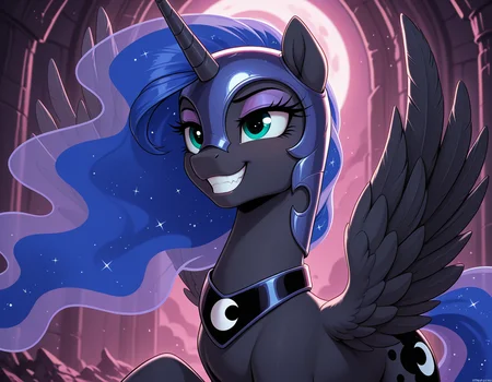 resolution, masterpiece, high resolution, (SOLO: 1.2) , wild, detailed background, costs
<lora:Princess_Luna:1>Princess Luna mammal, equid, solo, friendship is magic, equine, female, mythological creature, mythological equine, horn, winged unicorn, wings, feral, armor, helmet, feathers, blue eyes, black body, black feathers, headgear, teeth, feathered wings, smile, eyeshadow, hair, makeup, grin, black fur