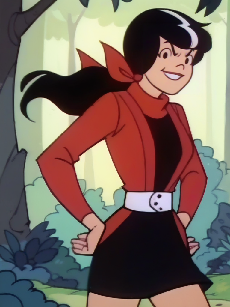 score_9, score_8_up, score_7_up, score_6_up, 1girl, hands on hips, dynamic pose, smile, looking at viewer, forest, cowboy shot, 
 <lora:AlexandraCabot_character:0.85>, AlexandraXLP, long hair, ponytail, black hair, white lock, dress, red jacket, black shirt, red and black skirt, white waist belt, solo, red scarf, cartoon, anime screencap, open clothes,